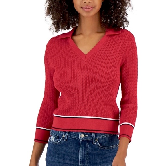 ⭐️BOGO FREE⭐️ TOMMY HILFIGER Cropped Cable Red-white-blue Sweater S - Picture 1 of 10